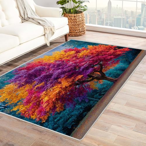 QUSAAOU Kurzflor Teppich Modern Modern Abstrakt Design Bunter Herbstbaum Baum des Lebens Teppiche Perfekt für Wohnzimmer, BüRo Oder Schlafzimmer-Dekor(Multi 269)-150x180cm von QUSAAOU