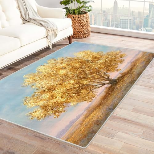 QUSAAOU Kurzflor Teppich Modern Modern Abstrakt Design Goldener Ebenenbaum Baum des Lebens Teppiche Perfekt für Wohnzimmer, BüRo Oder Schlafzimmer-Dekor(Gold 119)-150x210cm von QUSAAOU