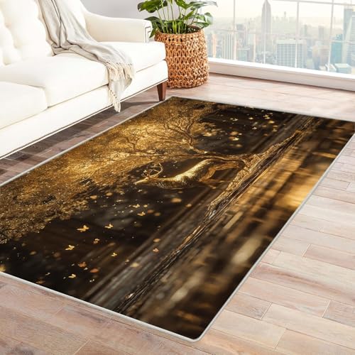 QUSAAOU Kurzflor Teppich Modern Modern Abstrakt Design Goldener Hirschbaum Baum des Lebens Teppiche Perfekt für Wohnzimmer, BüRo Oder Schlafzimmer-Dekor(Gold 104)-180x240cm von QUSAAOU