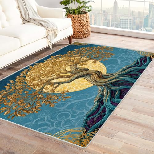 QUSAAOU Kurzflor Teppich Modern Modern Abstrakt Design Goldener Mondbaum Baum des Lebens Teppiche Perfekt für Wohnzimmer, BüRo Oder Schlafzimmer-Dekor(Gold 164)-150x240cm von QUSAAOU