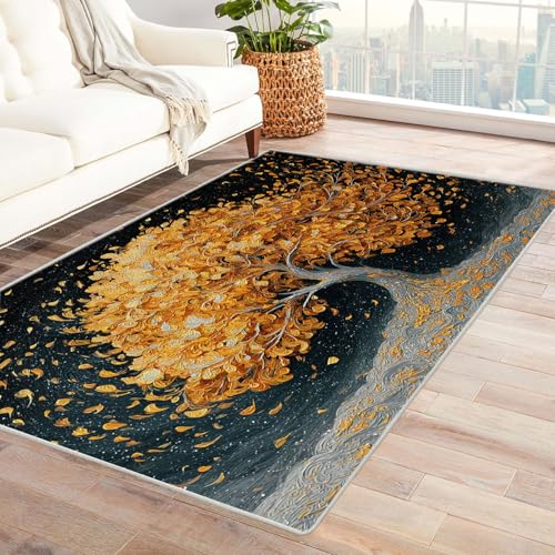 QUSAAOU Kurzflor Teppich Modern Modern Abstrakt Design Herbstgoldbaum Baum des Lebens Teppiche Perfekt für Wohnzimmer, BüRo Oder Schlafzimmer-Dekor(Gelb 209)-90x120cm von QUSAAOU