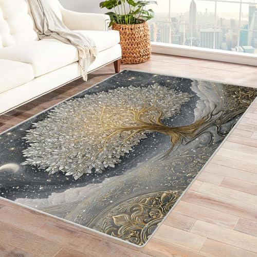 QUSAAOU Kurzflor Teppich Modern Modern Abstrakt Design Sternennachtbaum Baum des Lebens Teppiche Perfekt für Wohnzimmer, BüRo Oder Schlafzimmer-Dekor(Gold 179)-150x240cm von QUSAAOU