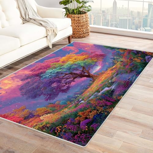 QUSAAOU Moderne Abstrakte Kunst Muster Teppich Regenbogen-Fantasiebaum rutschfest, Teppiche Geeignet für Eingang, Flur, Küche, Schlafzimmer, Wohnzimmer(Multi 125)-150x240cm von QUSAAOU