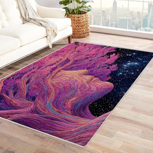 QUSAAOU Moderne Abstrakte Kunst Muster Teppich Rosa Gesichterbaum rutschfest, Teppiche Geeignet für Eingang, Flur, Küche, Schlafzimmer, Wohnzimmer(Rosa 110)-120x150cm von QUSAAOU