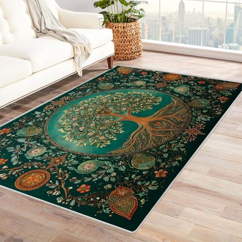 QUSAAOU Moderne Abstrakte Kunst Muster Teppich Verzierter grüner Baum rutschfest, Teppiche Geeignet für Eingang, Flur, Küche, Schlafzimmer, Wohnzimmer(Grün 215)-210x300cm von QUSAAOU