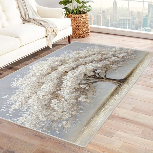 QUSAAOU Moderne Abstrakte Kunst Muster Teppich Weißer Blütenbaum rutschfest, Teppiche Geeignet für Eingang, Flur, Küche, Schlafzimmer, Wohnzimmer(Weiß 185)-60x90cm von QUSAAOU