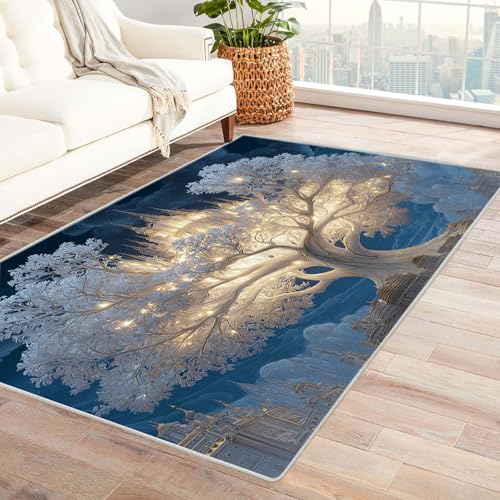 QUSAAOU Moderne Abstrakte Kunst Muster Teppich Weißer Schlossbaum rutschfest, Teppiche Geeignet für Eingang, Flur, Küche, Schlafzimmer, Wohnzimmer(Weiß 200)-90x120cm von QUSAAOU