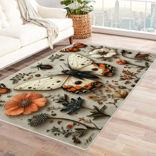QUSAAOU Moderne Minimalistische Abstrakte Kunst Muster Teppich, Schmetterling Kunst-Design Anti-Rutsch Küchenmatte Wohnzimmer Veranda Matte Leicht zu Reinigen Weiche Bequeme Teppich(Weiß)-240x300cm von QUSAAOU