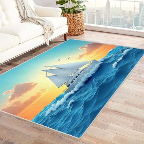 QUSAAOU Moderne Minimalistische Abstrakte Kunst Muster Teppich, Segelboot Sonnenuntergangsmeer Kunst-Design Anti-Rutsch Wohnzimmer Veranda Matte Leicht zu Reinigen Weiche Bequeme Teppich-210x270cm von QUSAAOU