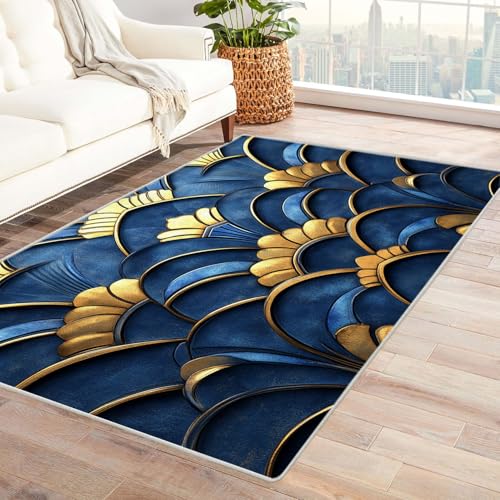 QUSAAOU Moderne Minimalistische Kunst Muster Teppich, Blau-goldenes Muster Vintage Abstrakte Muster rutschfest Teppiche Pflegeleicht, ideal für Wohnzimmer, Essbereich oder Jugendzimmer-210x300cm von QUSAAOU