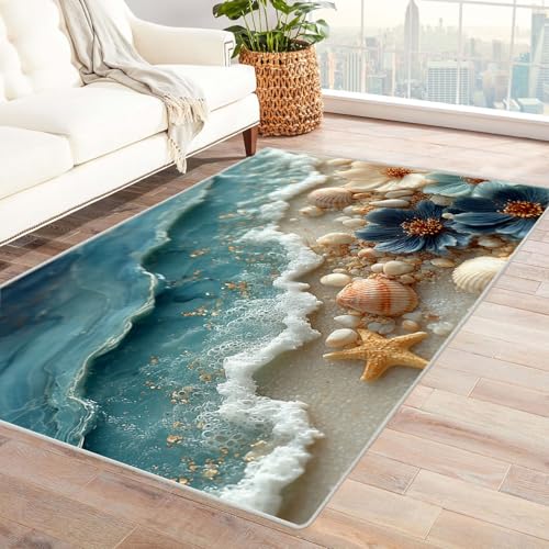 QUSAAOU Strand Rugs Strandblume Teppich Kurzflor 3D Effekt Wohnzimmer Schlafzimmer Modern Design - Extra Groß Teppich Schlafzimmer, Esszimmer, Küche Einfache Reinigung - Carpet(Beige 6)-90x150cm von QUSAAOU