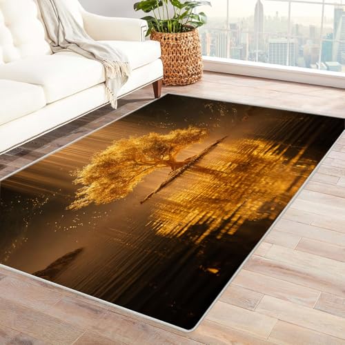 QUSAAOU Teppich Baum des Lebens Goldener Wasserbaum rutschfest, Maschinenwaschbar Teppiche Geeignet für Eingang, Flur, Küche, Schlafzimmer, Wohnzimmer(Gold 267)-150x210cm von QUSAAOU