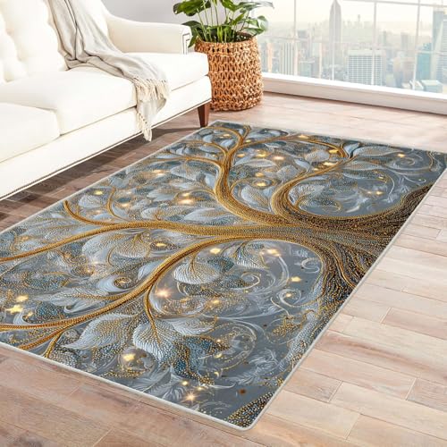 QUSAAOU Teppich Baum des Lebens Goldener Wirbelbaum rutschfest, Maschinenwaschbar Teppiche Geeignet für Eingang, Flur, Küche, Schlafzimmer, Wohnzimmer(Gold 237)-150x210cm von QUSAAOU