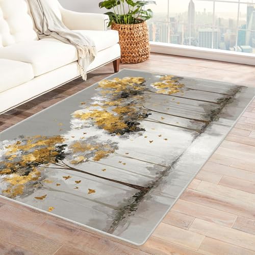 QUSAAOU Teppich Baum des Lebens Goldgraue Bäume rutschfest, Maschinenwaschbar Teppiche Geeignet für Eingang, Flur, Küche, Schlafzimmer, Wohnzimmer(Gold 117)-180x240cm von QUSAAOU