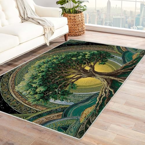 QUSAAOU Teppich Baum des Lebens Heiliger grüner Baum rutschfest, Maschinenwaschbar Teppiche Geeignet für Eingang, Flur, Küche, Schlafzimmer, Wohnzimmer(Grün 132)-150x210cm von QUSAAOU