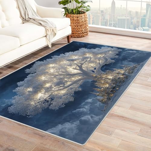 QUSAAOU Teppich Baum des Lebens Weißer Schlossbaum rutschfest, Maschinenwaschbar Teppiche Geeignet für Eingang, Flur, Küche, Schlafzimmer, Wohnzimmer(Weiß 147)-180x270cm von QUSAAOU