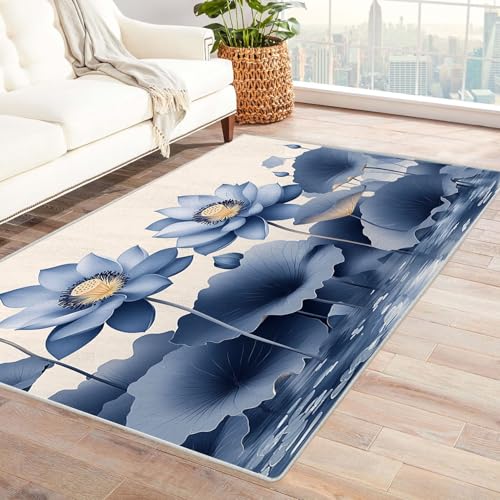 QUSAAOU Teppich Wohnzimmer Flauschig Waschbar Schlafzimmer, Blume Kunst-Design Anti-Rutsch Küchenmatte Wohnzimmer Veranda Matte Leicht zu Reinigen Weiche Bequeme Teppich(Blau)-210x300cm von QUSAAOU