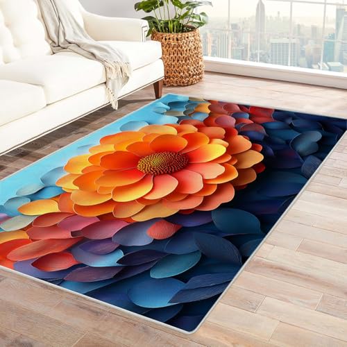 QUSAAOU Teppich Wohnzimmer Flauschig Waschbar Schlafzimmer, Blume Kunst-Design Anti-Rutsch Küchenmatte Wohnzimmer Veranda Matte Leicht zu Reinigen Weiche Bequeme Teppich(Orange)-150x210cm von QUSAAOU