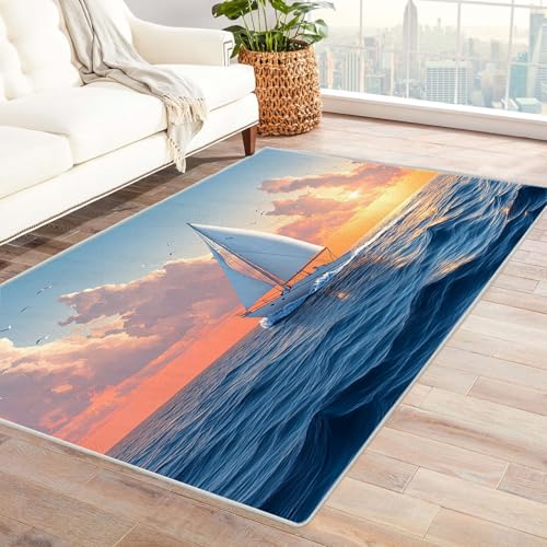 QUSAAOU Teppich Wohnzimmer Flauschig Waschbar Schlafzimmer, Sonnenuntergang Segelboot Meer rutschfest Teppich Schlafzimmer, Esszimmer, Küche Flauschiger Extra Weich Tepich Reinigung-210x300cm von QUSAAOU