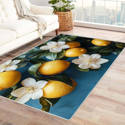 QUSAAOU Teppich Wohnzimmer Flauschig Waschbar Schlafzimmer, Zitronen weiße Blumen Maschinenwaschbar,für Wohnzimmer, Schlafzimmer oder Außenbereiche, Teppiche für das Wohnzimmer-240x300cm von QUSAAOU