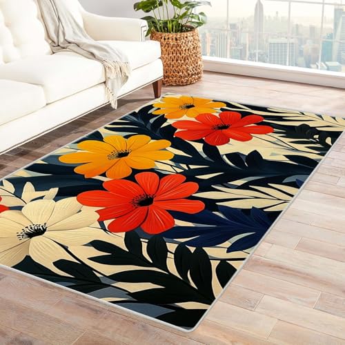 QUSAAOU Teppich Wohnzimmer Modern Abstrakt Blume Extra Groß Kurzflor Waschbarer Teppich Wohnzimmer Schlafzimmer, Esszimmer, Kinderzimmer,Küche Einfache Reinigung(Gelb)-240x300cm von QUSAAOU