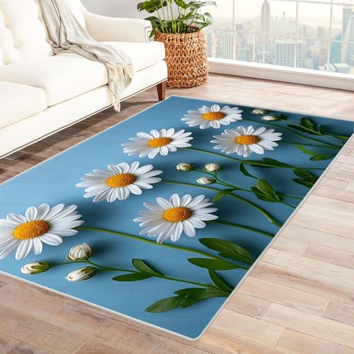 QUSAAOU Teppich Wohnzimmer Waschbar Schlafzimmer, Weisse Gänseblumen auf blau Kunst-Design Anti-Rutsch Küchenmatte Wohnzimmer Veranda Matte Leicht zu Reinigen Weiche Bequeme Teppich-90x150cm von QUSAAOU