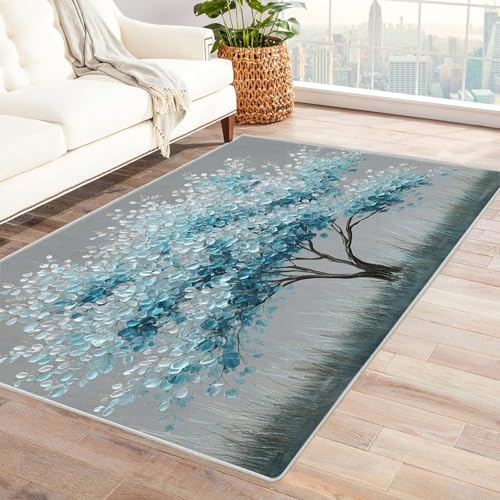 QUSAAOU Teppich rutschfest Waschbar Schlafzimmer Blauer Blattbaum Baum des Lebens Abstrakt Teppiche Gegend für Arbeitszimmer, Büro, Super Weich(Blau 172)-180x270cm von QUSAAOU