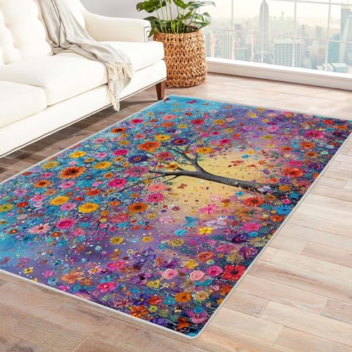 QUSAAOU Teppich rutschfest Waschbar Schlafzimmer Bunter Blumenbaum Baum des Lebens Abstrakt Teppiche Gegend für Arbeitszimmer, Büro, Super Weich(Multi 202)-150x240cm von QUSAAOU