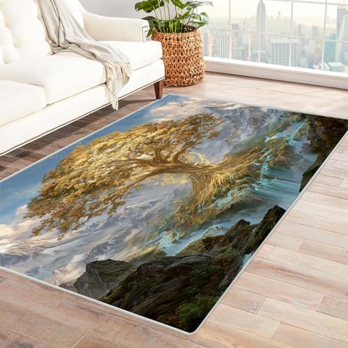 QUSAAOU Teppich rutschfest Waschbar Schlafzimmer Goldener Bergbaum Baum des Lebens Abstrakt Teppiche Gegend für Arbeitszimmer, Büro, Super Weich(Gold 217)-150x210cm von QUSAAOU