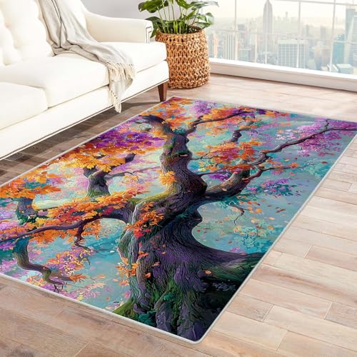 QUSAAOU Teppich rutschfest Waschbar Schlafzimmer Herbstfarbenbaum Baum des Lebens Abstrakt Teppiche Gegend für Arbeitszimmer, Büro, Super Weich(Multi 187)-90x120cm von QUSAAOU