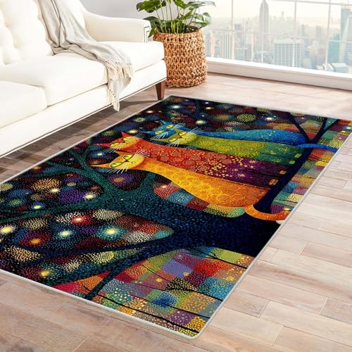 QUSAAOU Teppich rutschfest Waschbar Schlafzimmer Katzen im Baum Baum des Lebens Abstrakt Teppiche Gegend für Arbeitszimmer, Büro, Super Weich(Multi 127)-60x90cm von QUSAAOU