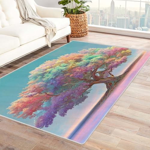 QUSAAOU Teppich rutschfest Waschbar Schlafzimmer Regenbogenfarbener Baum Baum des Lebens Abstrakt Teppiche Gegend für Arbeitszimmer, Büro, Super Weich(Multi 232)-90x120cm von QUSAAOU