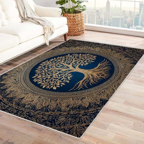 QUSAAOU Teppich rutschfest Waschbar Schlafzimmer Verzierter Goldener Baum Baum des Lebens Abstrakt Teppiche Gegend für Arbeitszimmer, Büro, Super Weich(Gold 157)-150x240cm von QUSAAOU