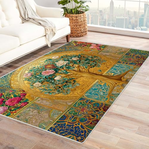 QUSAAOU Teppich rutschfest Waschbar Schlafzimmer Verzierter Goldener Baum Baum des Lebens Abstrakt Teppiche Gegend für Arbeitszimmer, Büro, Super Weich(Gold 247)-180x240cm von QUSAAOU