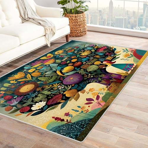 QUSAAOU Teppich rutschfest Waschbar Schlafzimmer Volkskunstbaum Baum des Lebens Abstrakt Teppiche Gegend für Arbeitszimmer, Büro, Super Weich(Multi 97)-150x240cm von QUSAAOU