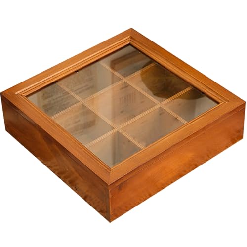 QUSHEJIAND Aufbewahrungsbox aus Holz, 9 Fächer, quadratisch, transparent, Acrylkoffer zur Aufbewahrung und Organisation von Kaffee, Tee, Zucker, Gewürzen (24 x 24 x 7 cm) von QUSHEJIAND