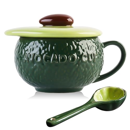 QUSHEJIAND Keramik-Kaffeetassen-Set mit Deckel und Porzellanlöffel, Avocado-Formen, Frühstück, Haferflocken-Tasse, 290 ml, Milchbecher mit Griff, für Kaffee, Säfte, Tee (grün) von QUSHEJIAND