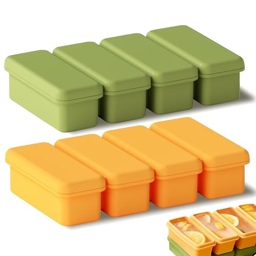 QUSHEJIAND Silikon-Eiswürfelformen, 2 Stück, Eiswürfelformen mit abnehmbarem Deckel, 4 Fächer, leicht zu lösen, wiederverwendbare Eisbox, für Gefrierschrank, Saft, Whiskey, Cocktail, Soßenbrühe (gelb, von QUSHEJIAND
