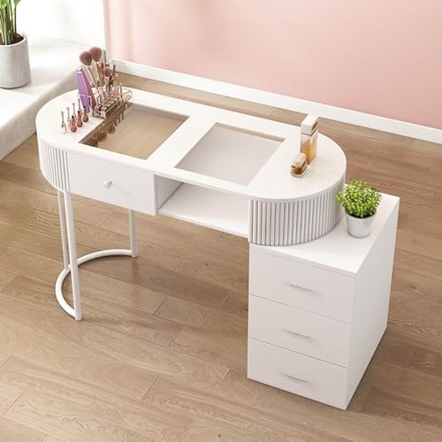Maniküretisch Moderner Nageltechniker-Schreibtisch mit Schubladen Professioneller Handmaniküretisch für Künstler für Salon, Spa, Holzarbeitsplatz mit 3-lagigem,White Glass Desktop With Cabinet-100cm von QUSYZD