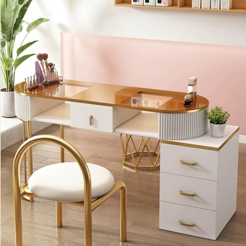 Professioneller Nageltechniker-Schreibtisch – Moderner Maniküretisch aus Holz mit Schubladen und 3-lagigem Stauraum für Salon und Home Spa, ultimative Ausstatt,Golden Glass Desktop with Cabinet-120cm von QUSYZD
