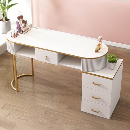 QUSYZD Maniküretisch Moderner Nageltechniker-Schreibtisch mit Schubladen Professioneller Handmaniküretisch für Künstler für Salon, Spa, Holzarbeitsplatz mit 3-lagigem,White Gold with Cabinet-120cm von QUSYZD