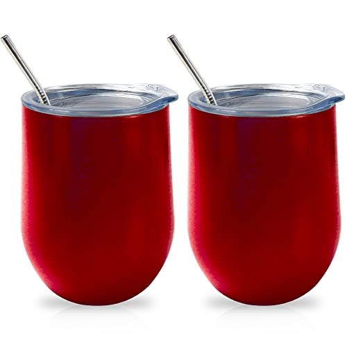 Isolierter Weinbecher mit Deckel 2er-Pack, doppelwandiges Vakuum-Edelstahl-Weinglas ohne Stiel 12oz, langlebiger isolierter Kaffeebecher, für Champagner (einschließlich Strohhalme und Bürste) von QUTHZZHY