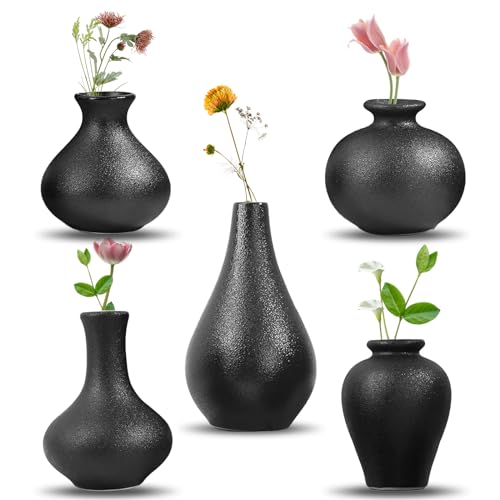 Keramikvase -Set, 5 Mini -Blütenknospen -Vase, Blumenvasen für Moderne Wohnkultur, dekorative Vase für Pampasgras, Wohnzimmer, Regaldekor, Esstisch, Bücherregal, Kaminsims, Eingangs (Schwarz) von QUTHZZHY