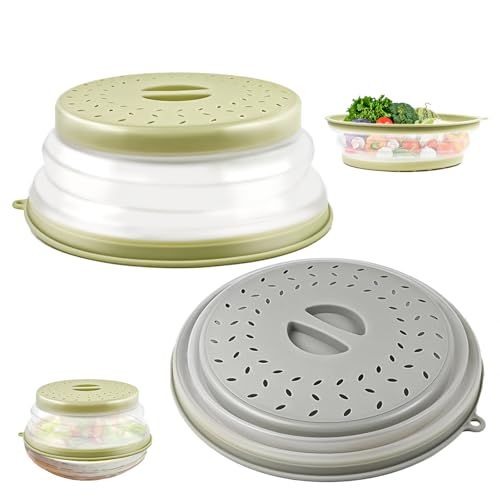 QUTHZZHY 2 Stück Faltbare Mikrowellen Abdeckung, Klappbare Spritzwassergeschützte Mikrowellenabdeckung, Mikrowellenhaube 27cm, Filterkorb mit Dampflöchern,für Konservierung und Erwärmen(Grau+Moosgrün) von QUTHZZHY