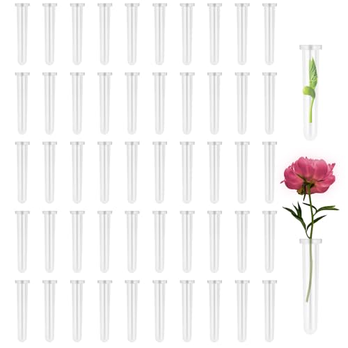 QUTHZZHY 50 Stück Blumen Wasserröhrchen 11 x 2,4 cm Blumenröhrchen Kunststoff mit Silikonkappe Dicht und Auslaufsicher Blumen Wasserröhrchen für Blumenarrangements Wiederverwendbar (Transparent) von QUTHZZHY