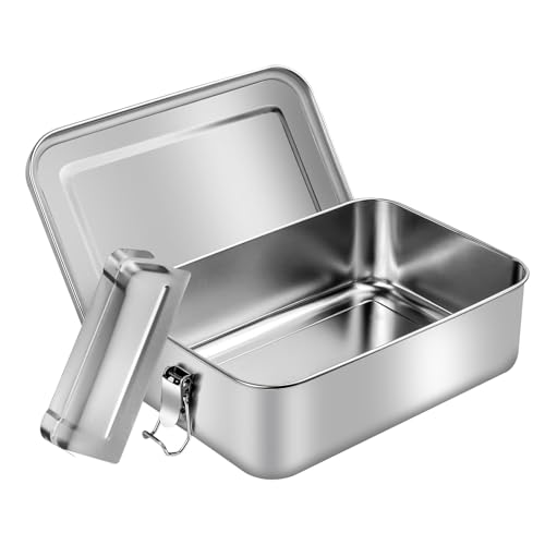 QUTHZZHY Brotdose Edelstahl, 2400ml Lunchbox Auslaufsicher, Lunchbox Brotdose Edelstahl, Brotdose Metall Brotzeitdose, Hhaltige, Design Schnappverschlüssen, für Erwachsene & Kinder von QUTHZZHY