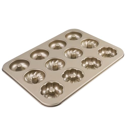 QUTHZZHY Donut Backform, Donut-Pfanne Kuchenform 12 Mulden, Antihaft-Donut-Backform aus Kohlenstoffstahl, 3 Formen, zur Herstellung von Donuts Kekse Bagels und anderen Leckereien(Gold) von QUTHZZHY