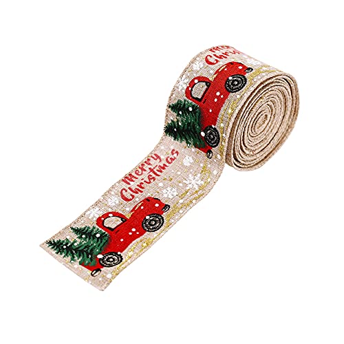 QUUPY 2 Rollen Weihnachtsbänder mit Drahtrand, Frohe Weihnachtsbaum und LKW, Wickelband für DIY-Kränze, Verpacken, Basteln, Dekoration, 5,1 cm x 4,5 m von QUUPY