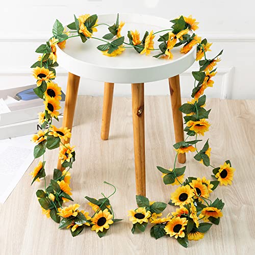 2 Stück Künstliche Sonnenblumen-Girlande Seide Sonnenblumen Reben künstliche Blumen grüne Blätter Stoff Blumenkopf künstliche Sonnenblumen Rebe für Hochzeit Tisch Zuhause Basteln Party-Dekoration von QUUPY