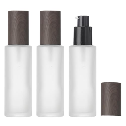 Leere, transparente Milchglas-Lotion-Pump-Pressflaschen, nachfüllbarer Kosmetikspender, Behälter mit dunkler Holzmaserung, Deckel für ätherische Öle, Foundation-Creme, 30 ml, 3 Stück von QUUPY